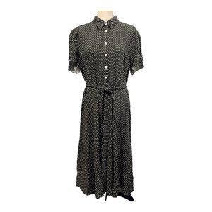 Chaps Womens XL Polka Dot Midi Dress A Line Button Front Tie Waist Short Sleeve